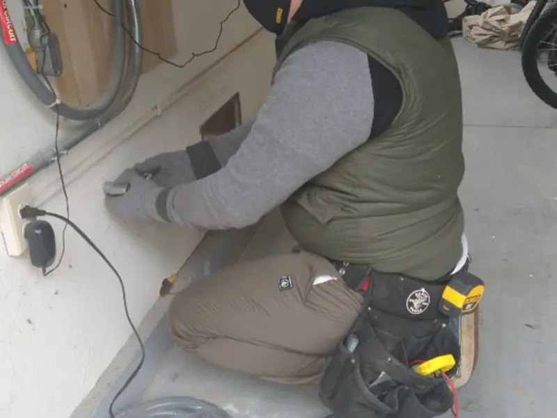 Electrician performing outlet wiring in a Menifee garage